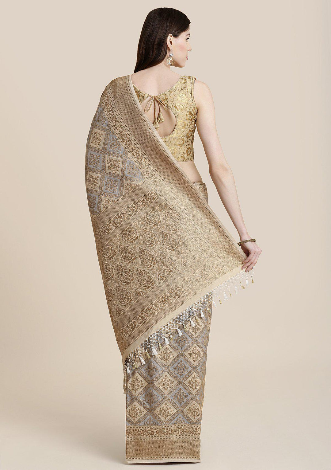 Fawn Zariwork Brocade Designer Saree-Koskii