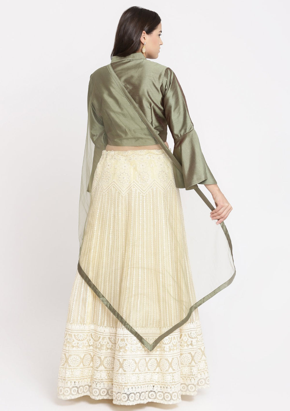 Cream and Green Chikankari Net Designer Lehenga-Koskii
