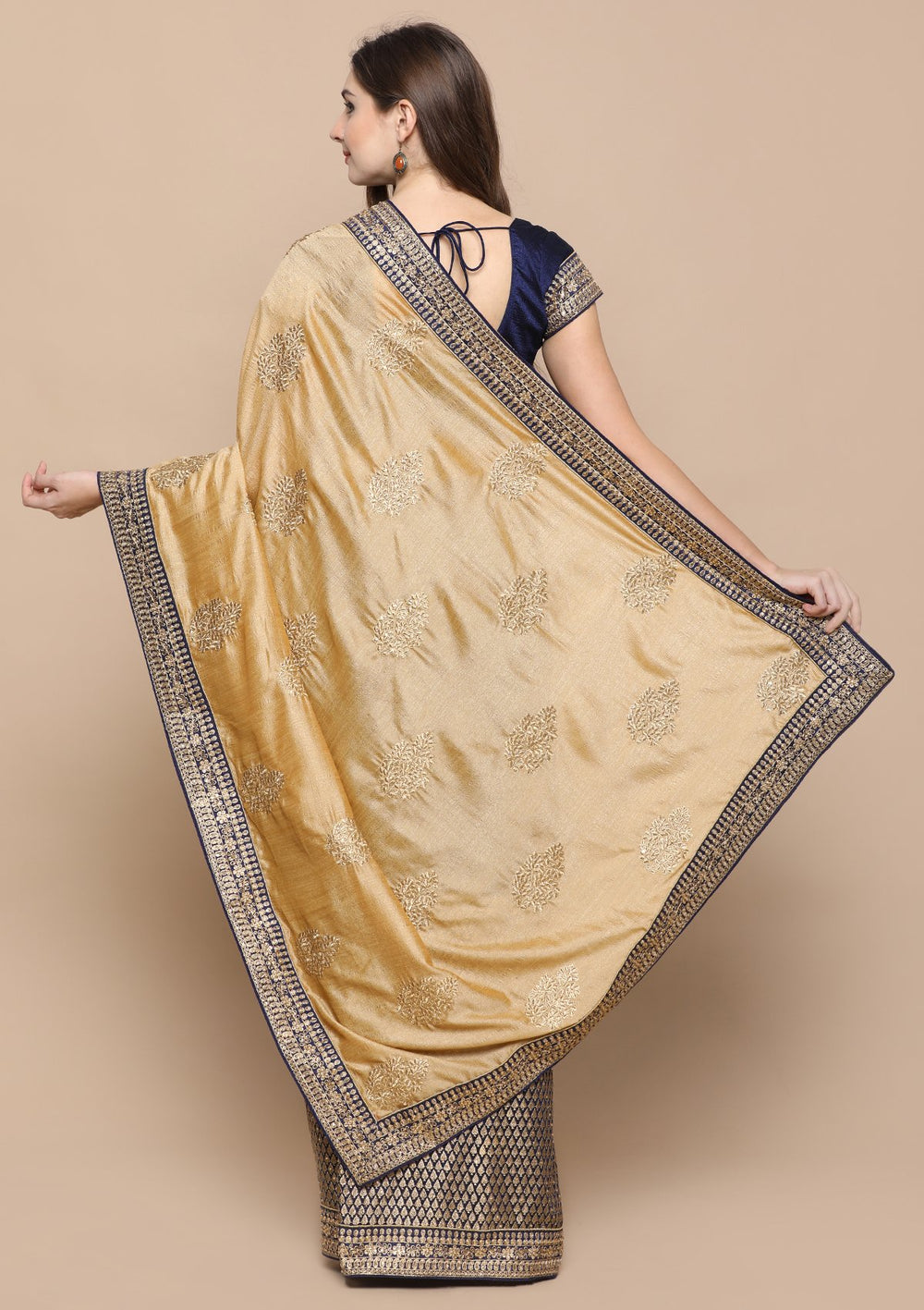 Beige and Blue Zari Work Chiffon Designer Saree-Koskii