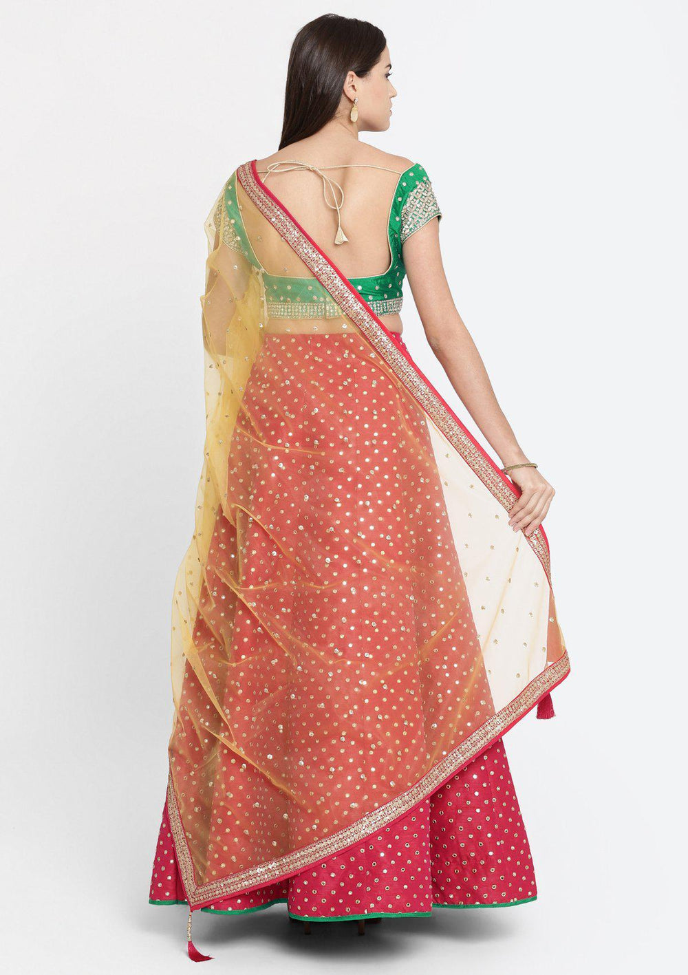 Fuschia and Green Gotapatti Raw Silk Designer Lehenga-Koskii