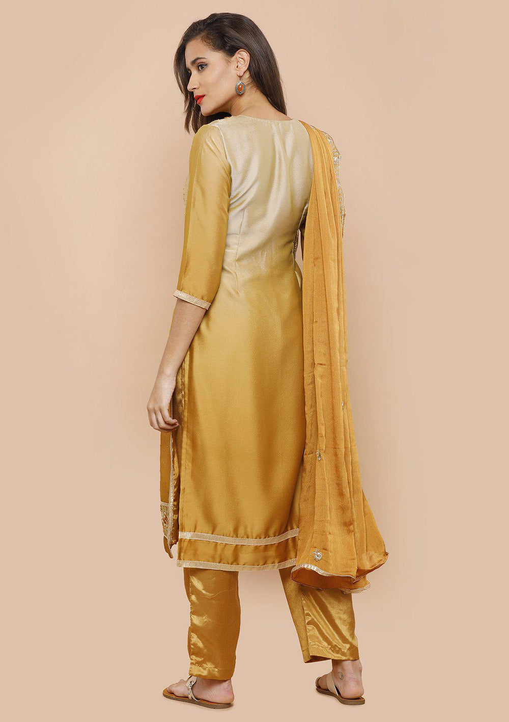 Mustard and Beige Silk Designer Salwar Suit-Koskii