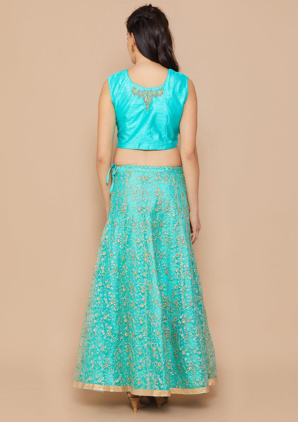 Cyan Sequinned Net Designer Lehenga-Koskii
