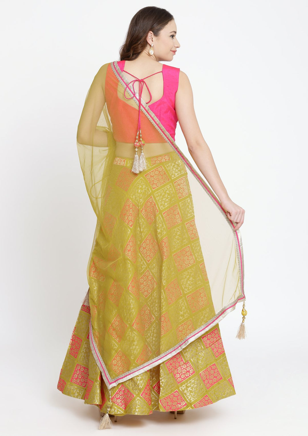 Yellow and Fuschia Mirrorwork Brocade Designer Lehenga-Koskii