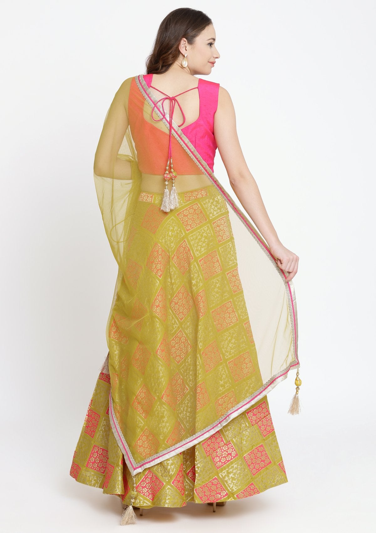 Yellow and Fuschia Mirrorwork Brocade Designer Lehenga-Koskii