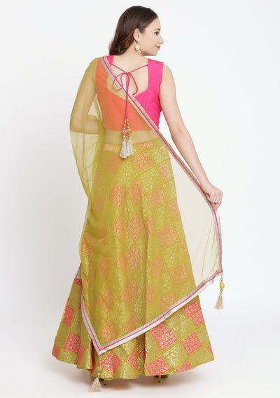 Yellow and Fuschia Mirrorwork Brocade Designer Lehenga-Koskii