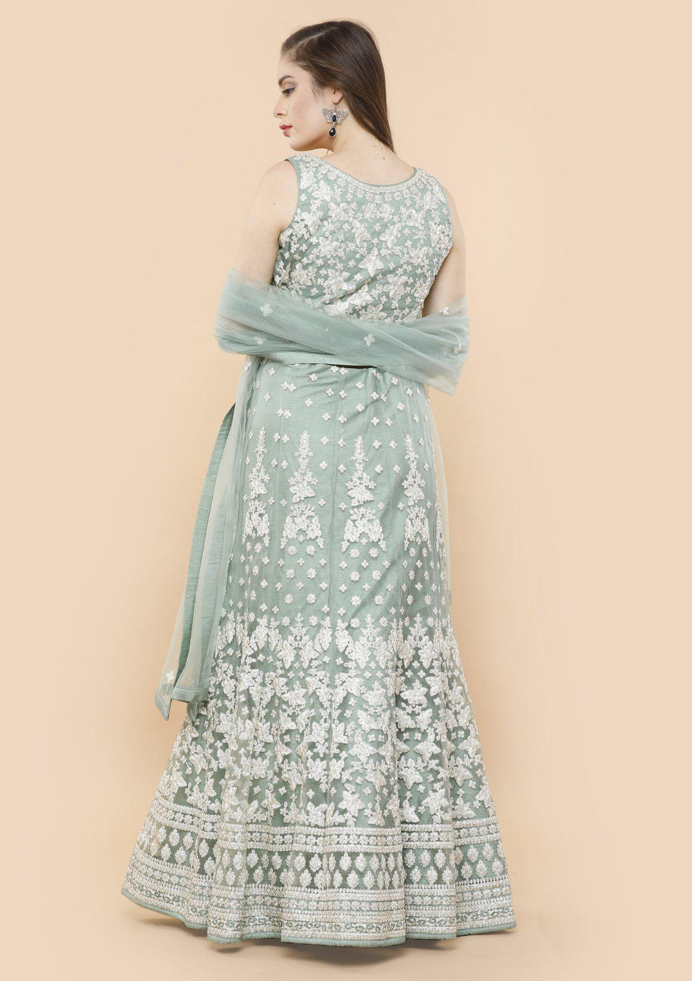 Teal Green Threadwork Net Designer Lehenga-Koskii