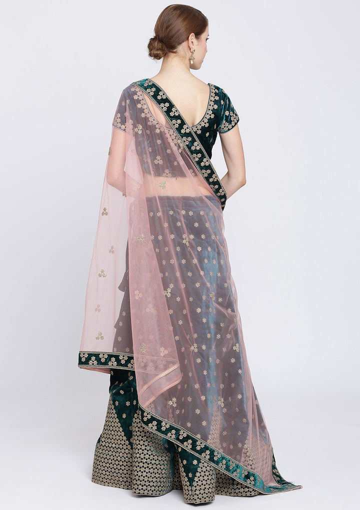 Pista Green Stonework Velvet Designer Lehenga-Koskii