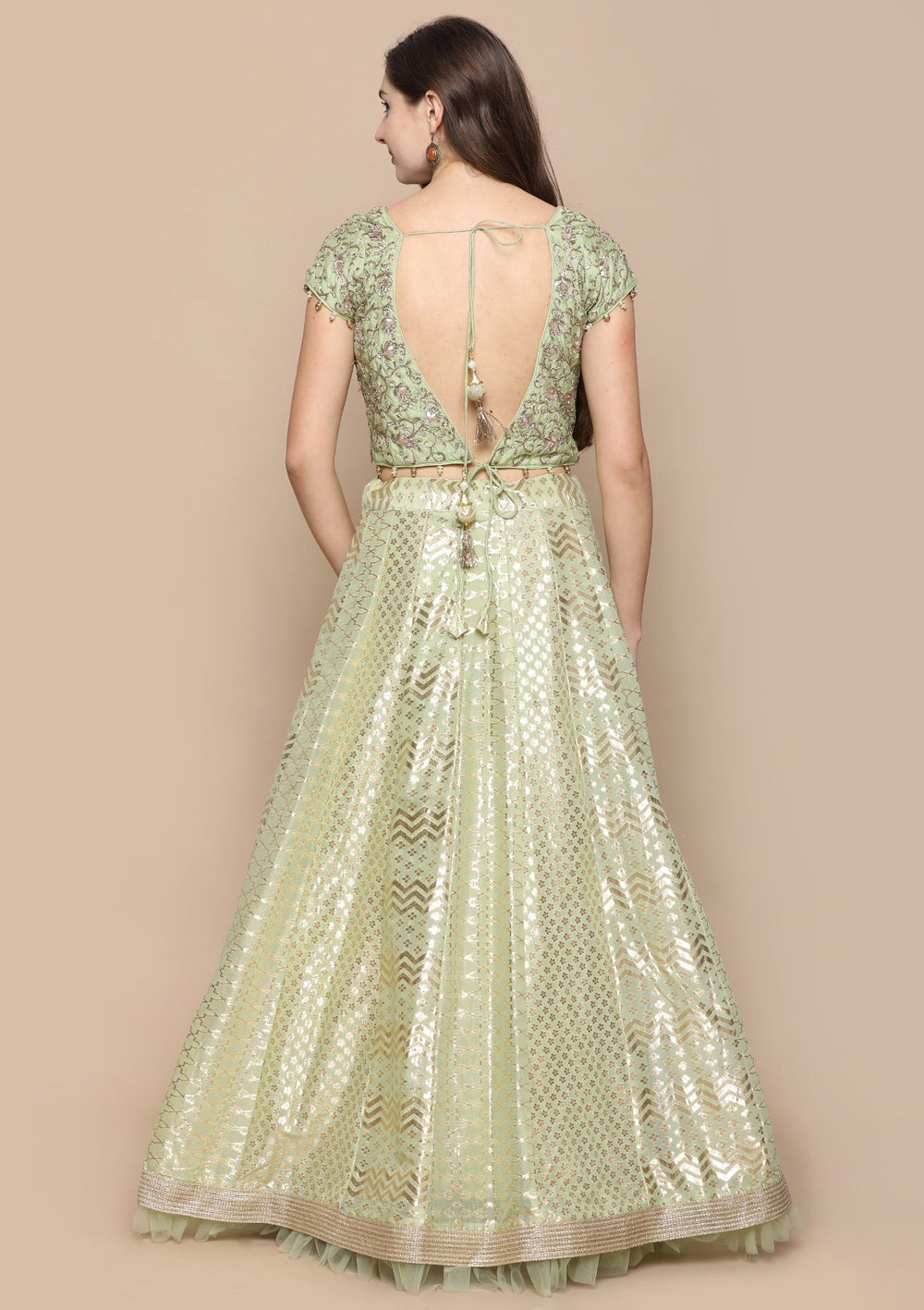 Pista Green Gotta Pathi Silk Designer Lehenga-Koskii
