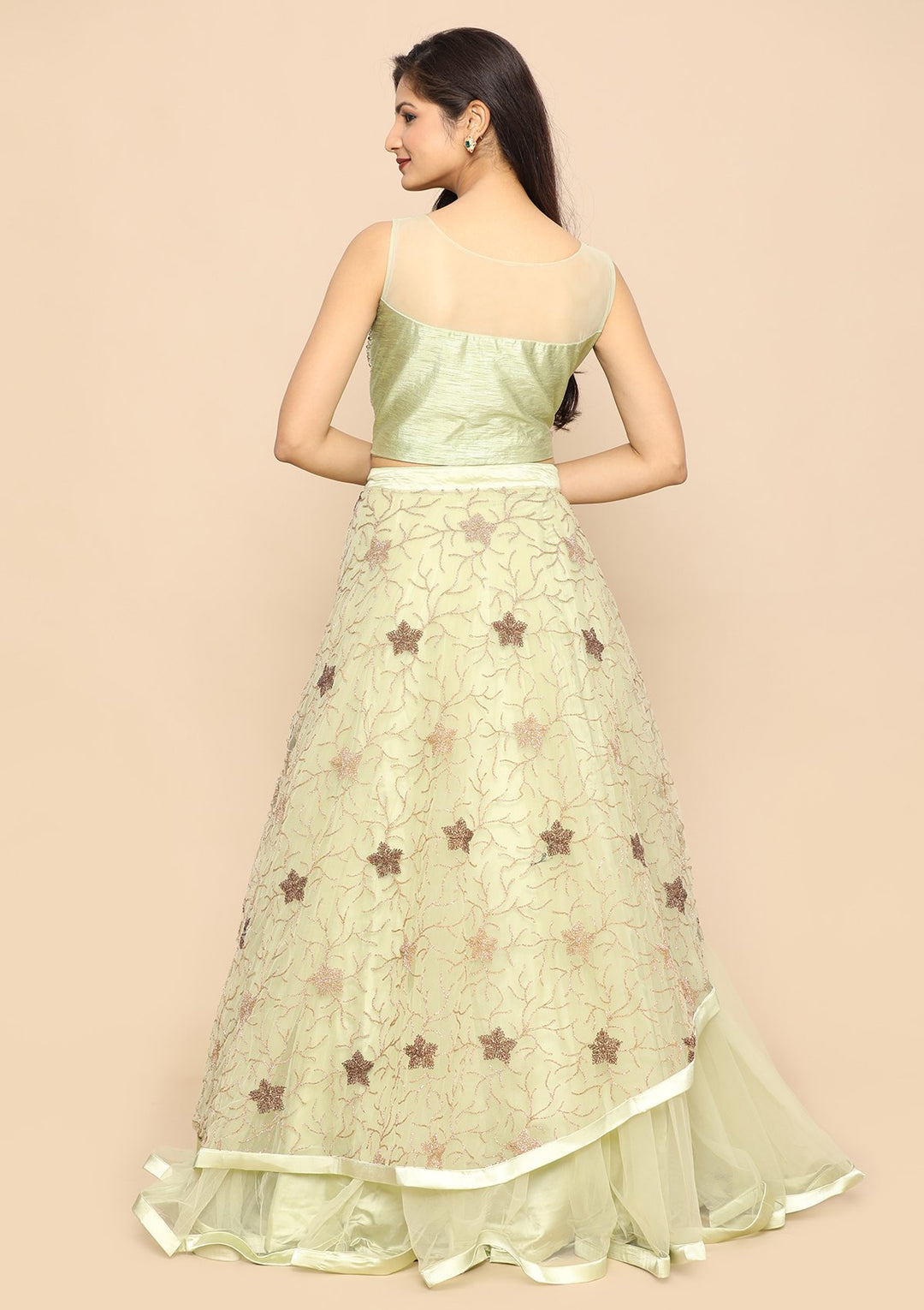 Pista Green Net Designer Lehenga-Koskii
