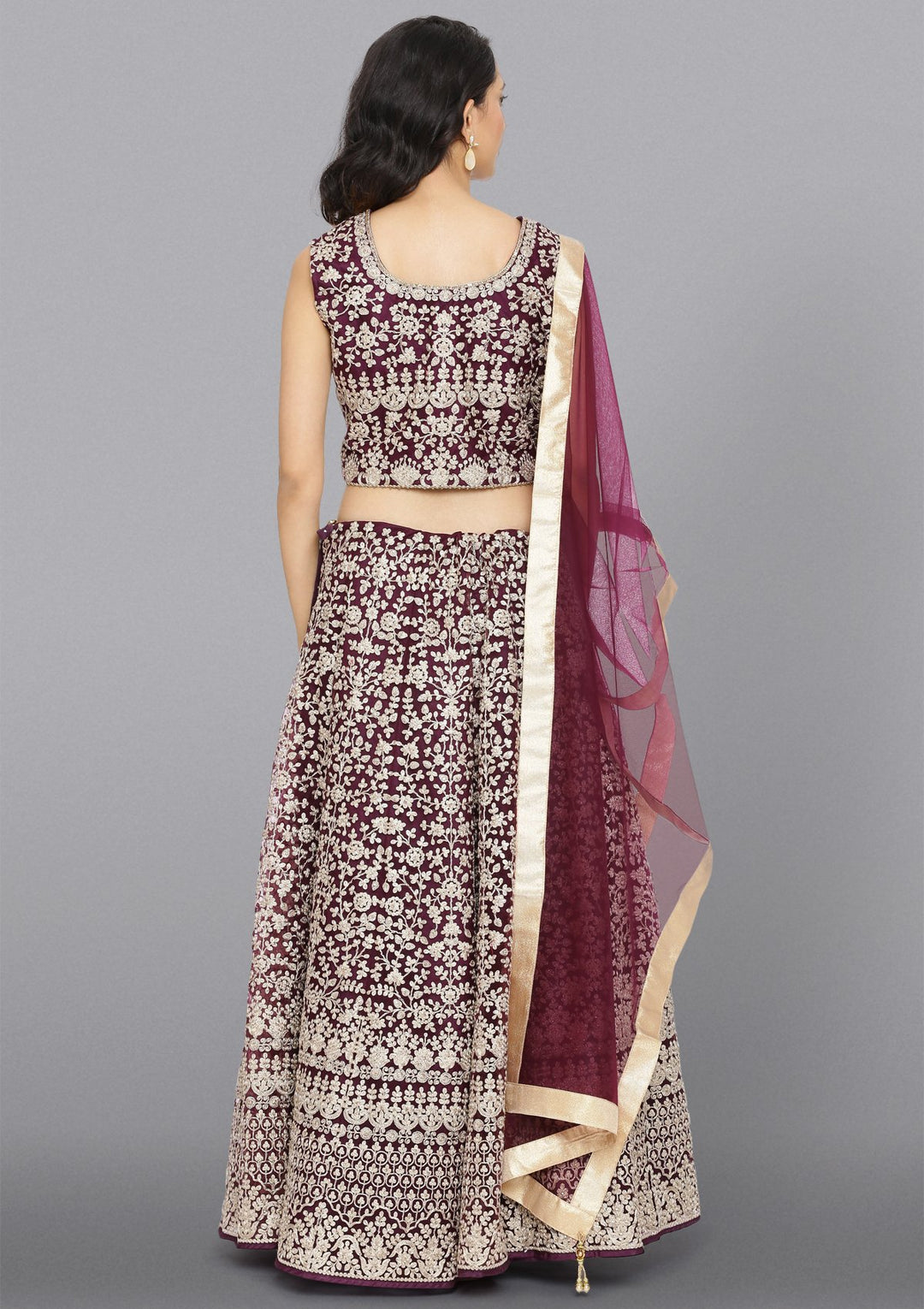 Wine Zariwork Net Designer Lehenga-Koskii