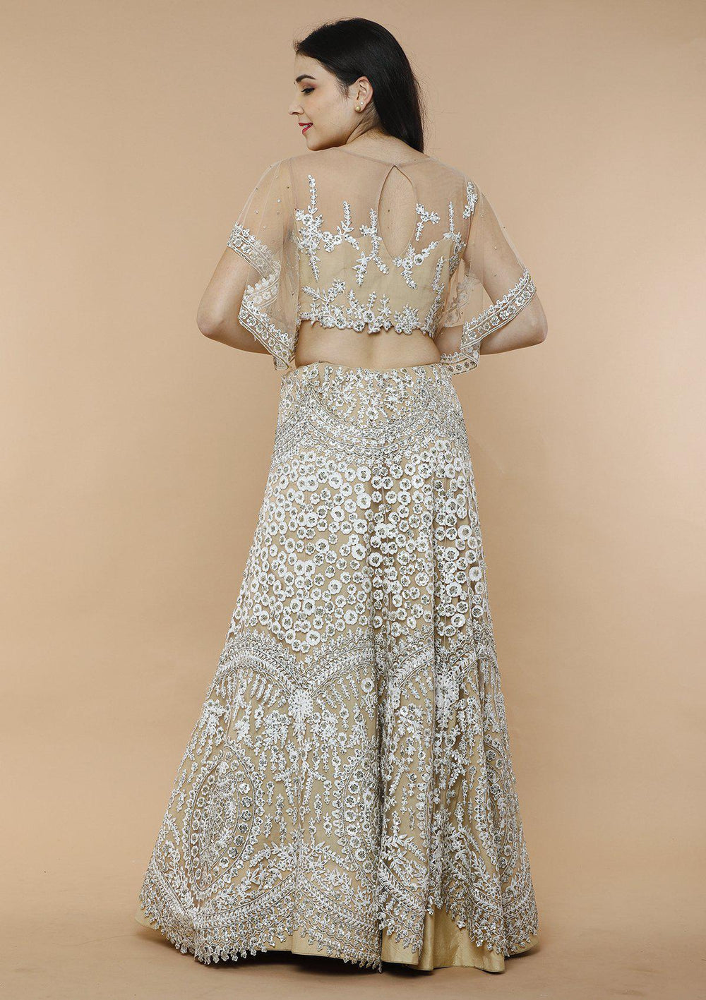 Beige Embellished Silk Designer Lehenga-Koskii