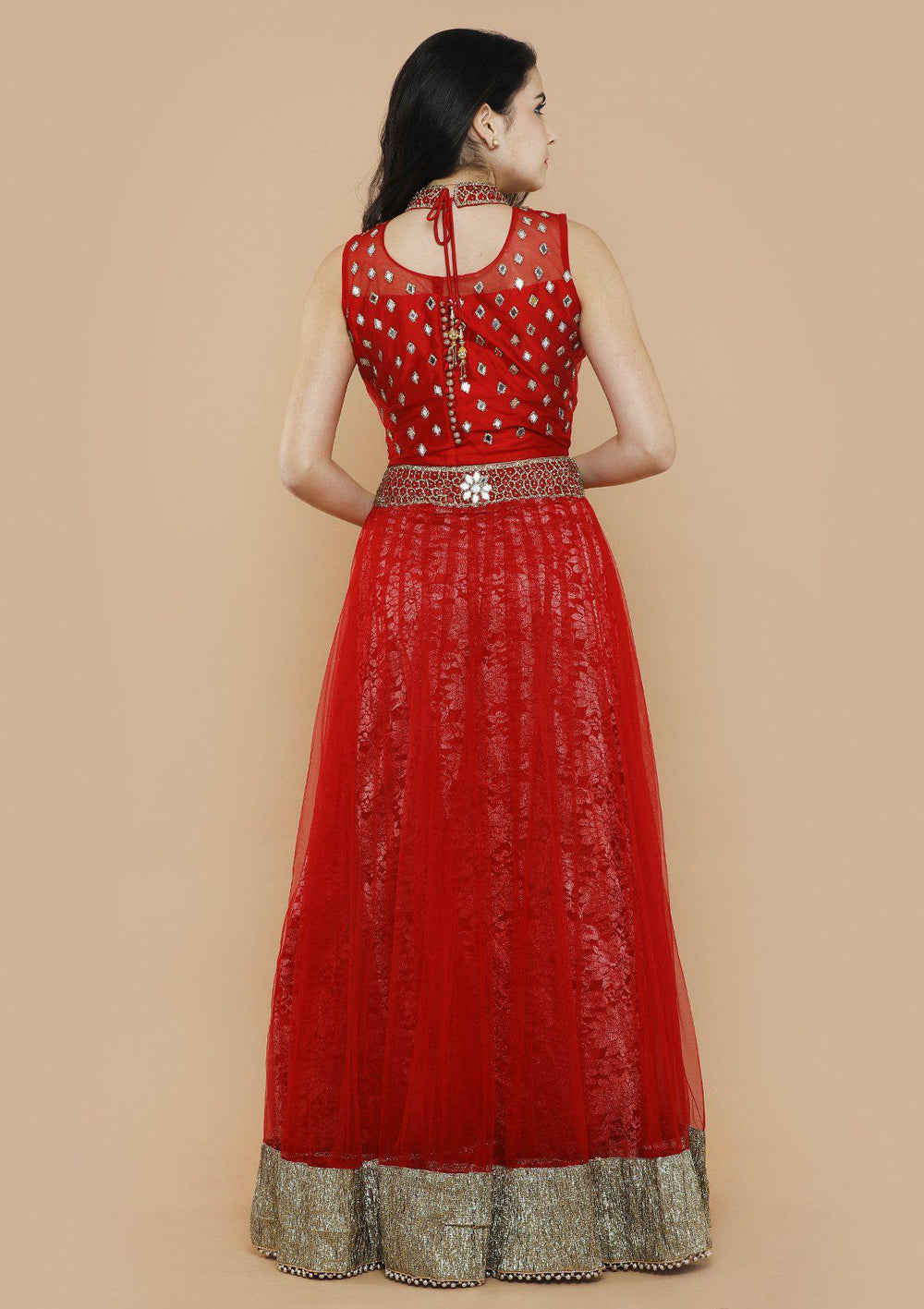koskii red net and lace lehenga-Koskii