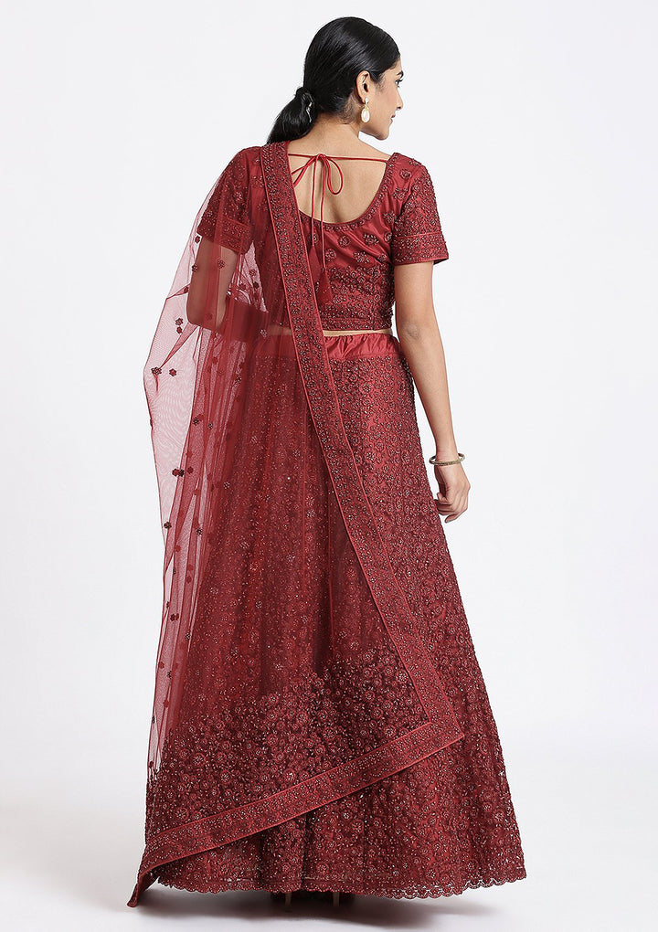 Maroon Stone Work Net designer Lehenga-Koskii