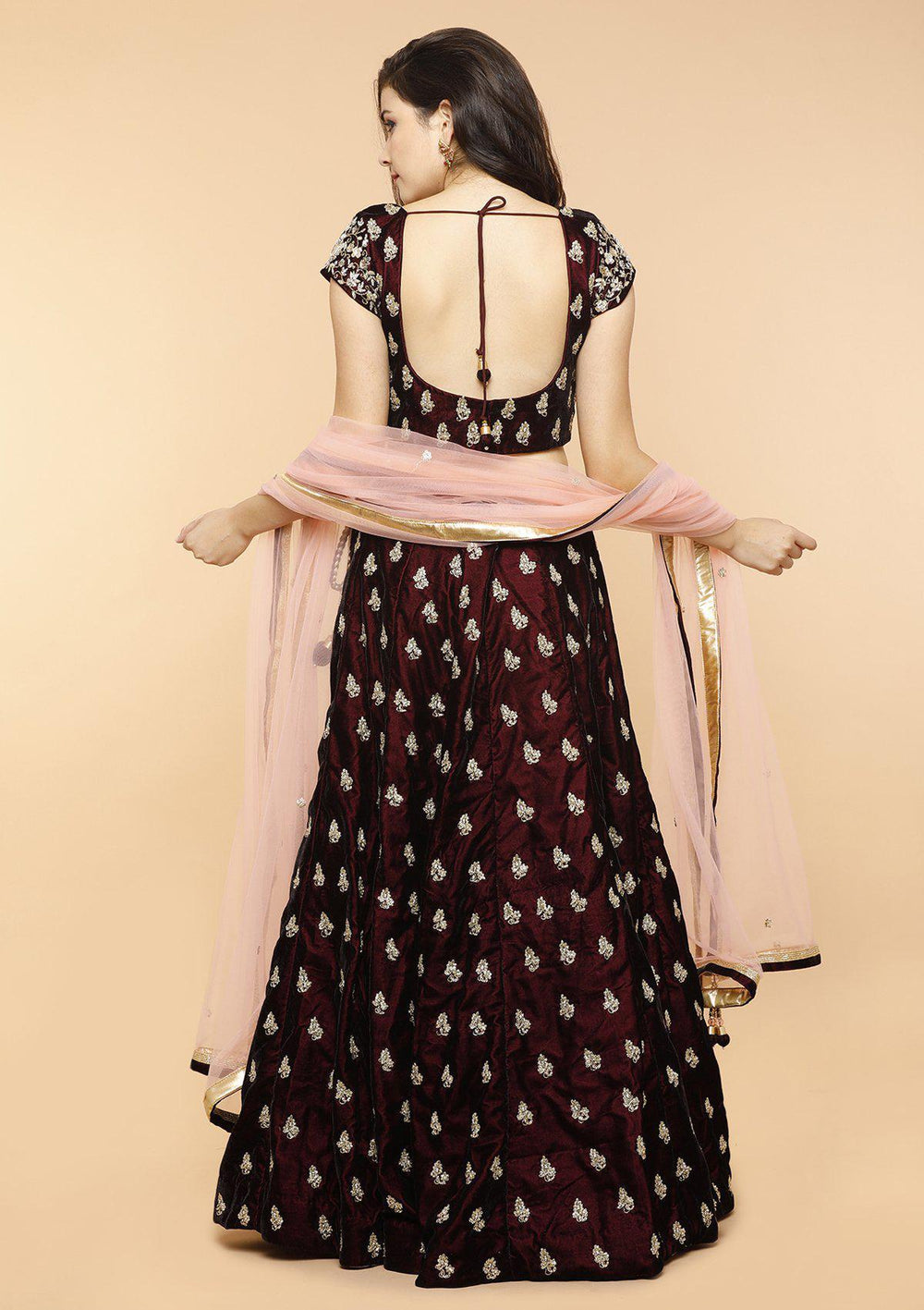 Wine and Gold Velvet Designer Lehenga-Koskii