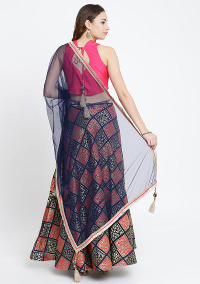 Navy Blue and Fuschia Mirrorwork Brocade Designer Lehenga-Koskii
