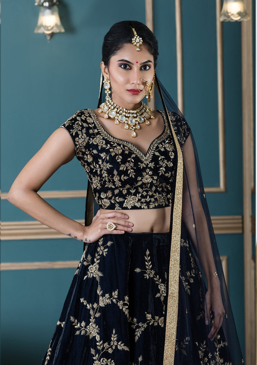 Blue Stone Work Velvet Designer Lehenga-Koskii