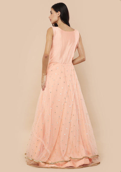 Peach Pink Zardozi Work Silk Designer Gown-Koskii