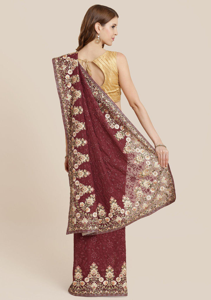 Maroon Threadwork Art Silk Designer Saree-Koskii