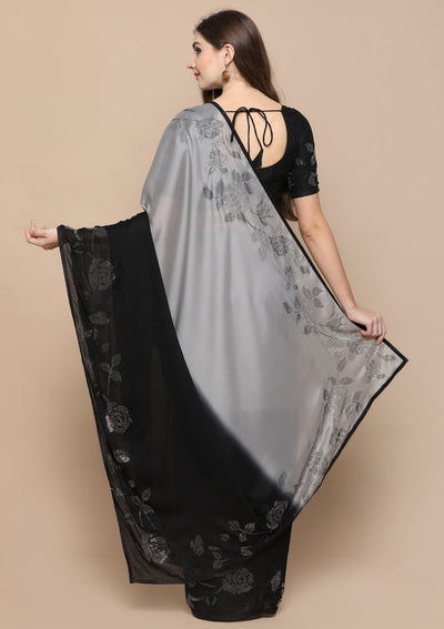 Black and Grey Floral Crepe Designer Saree-Koskii