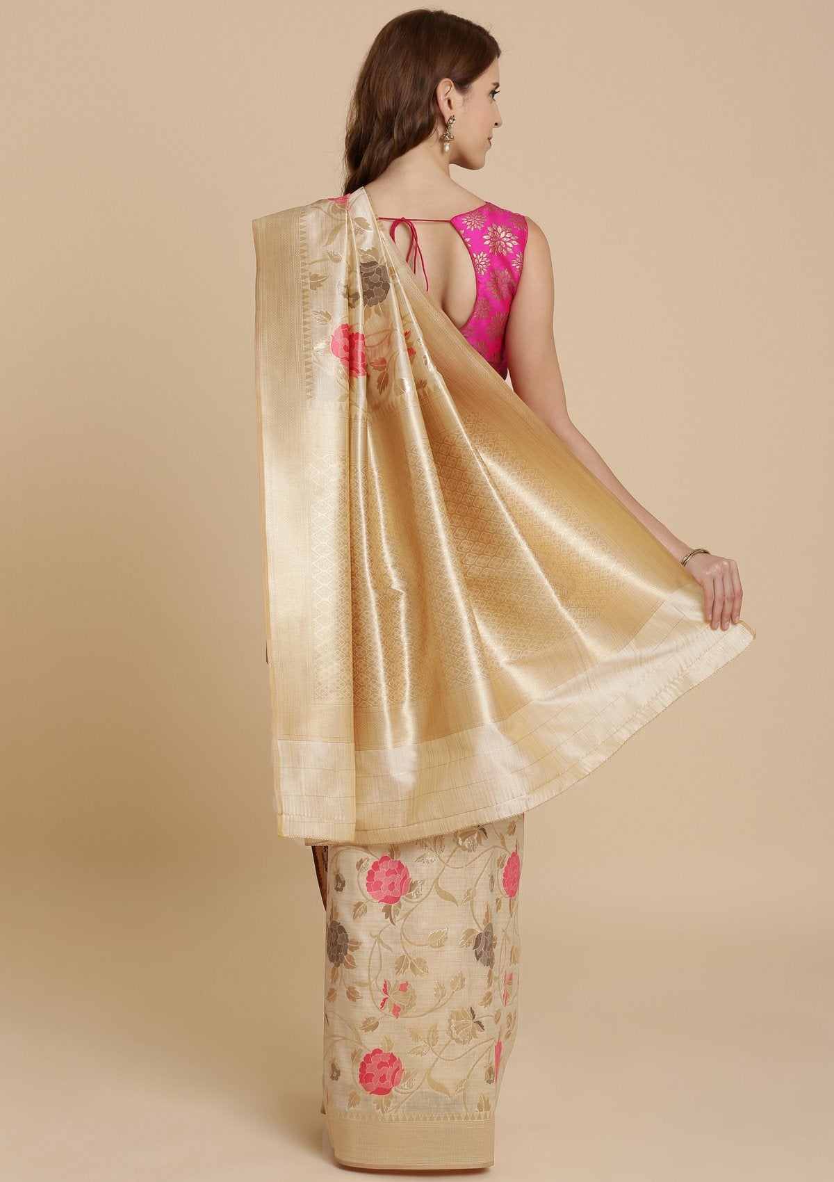 Cream Zariwork Raw Silk Designer Saree-Koskii