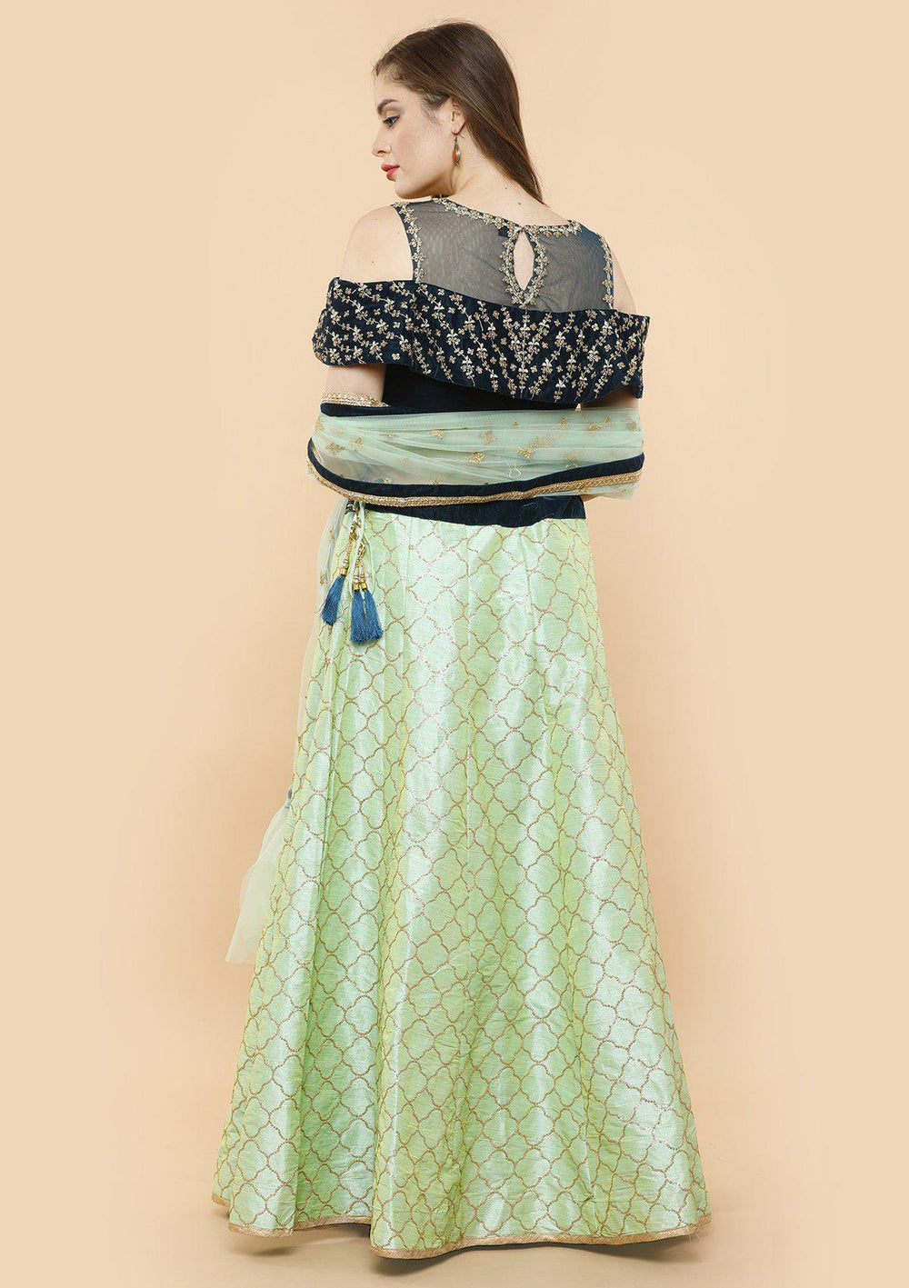 koskii green and blue velvet lehenga-Koskii