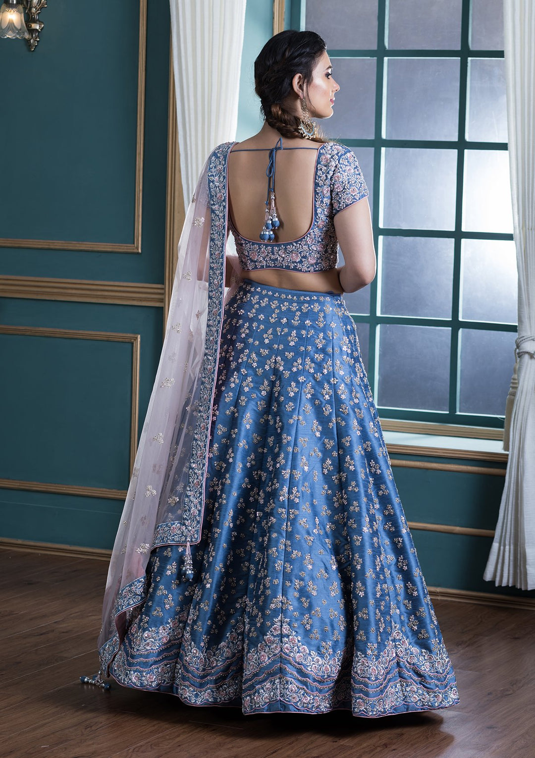 Blue Embellished Silk Designer Lehenga-Koskii
