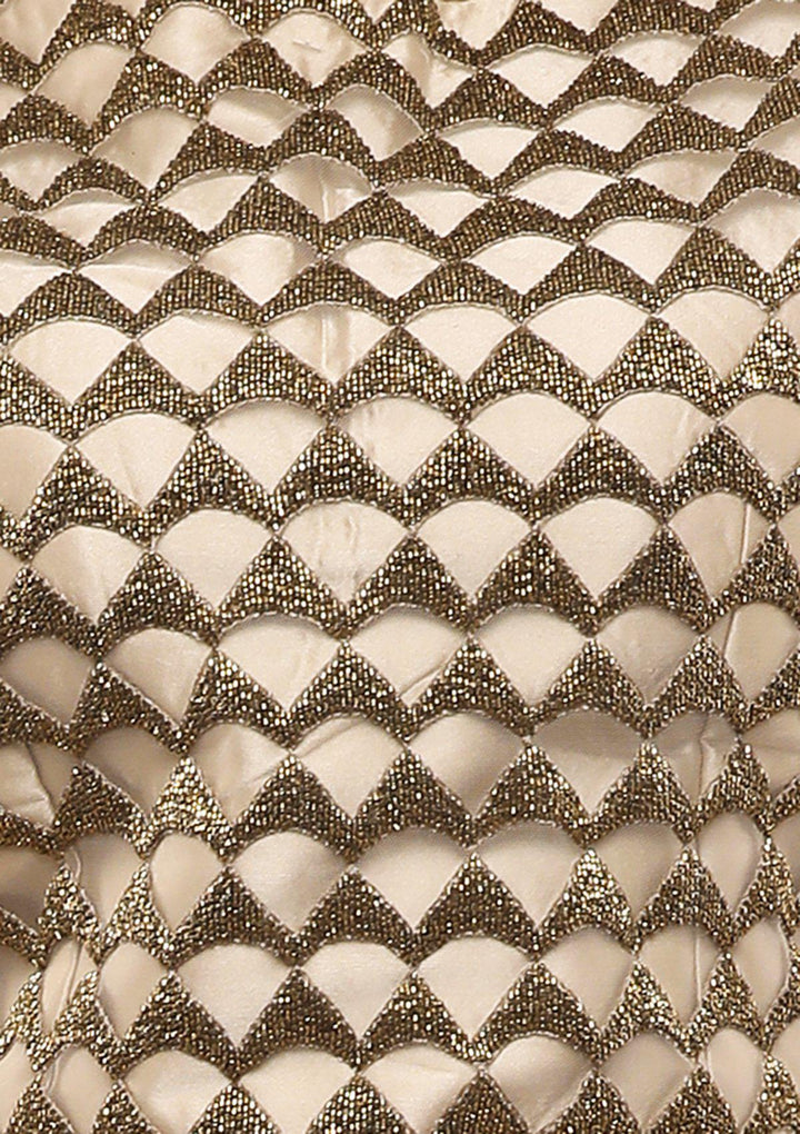 KOSKII BEIGE FLORAL NET LEHENGA-Koskii