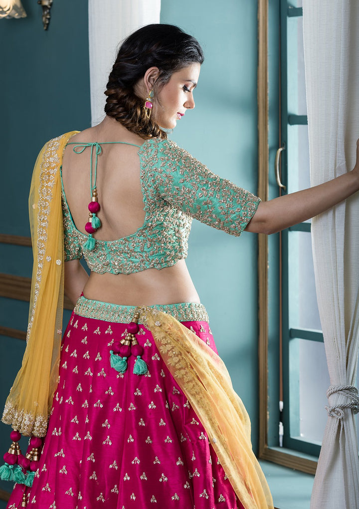 Pink Sequinned Silk Designer Lehenga-Koskii