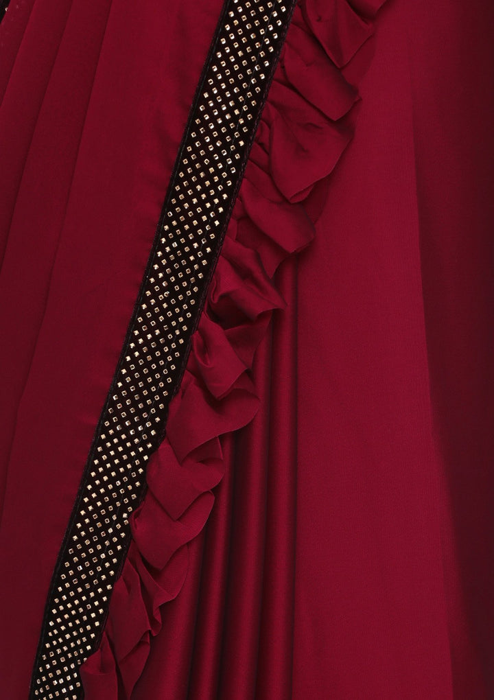 Maroon Swarovski Satin Designer Saree-Koskii