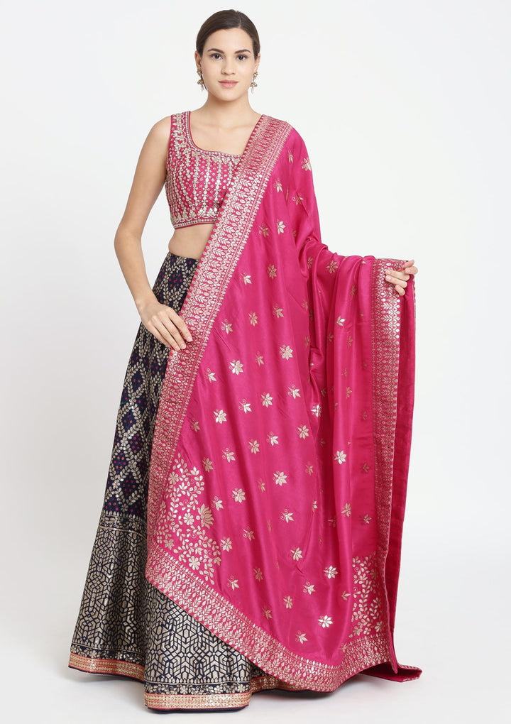 Navy Blue and Fuschia Gotapatti Brocade Designer Lehenga-Koskii