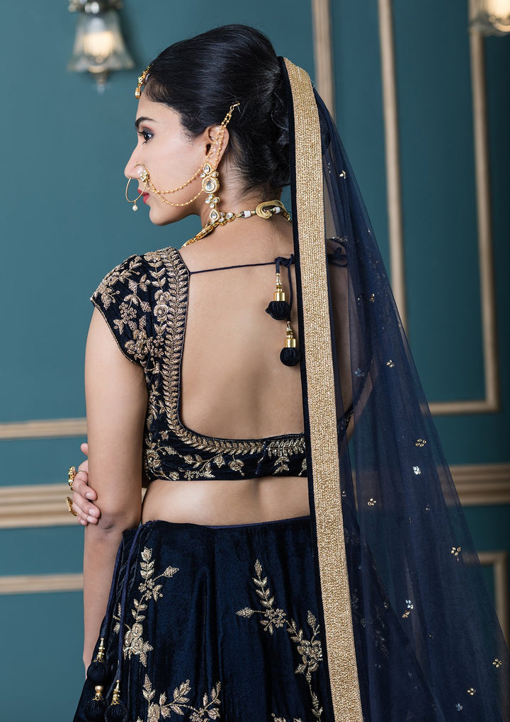 Blue Stone Work Velvet Designer Lehenga-Koskii