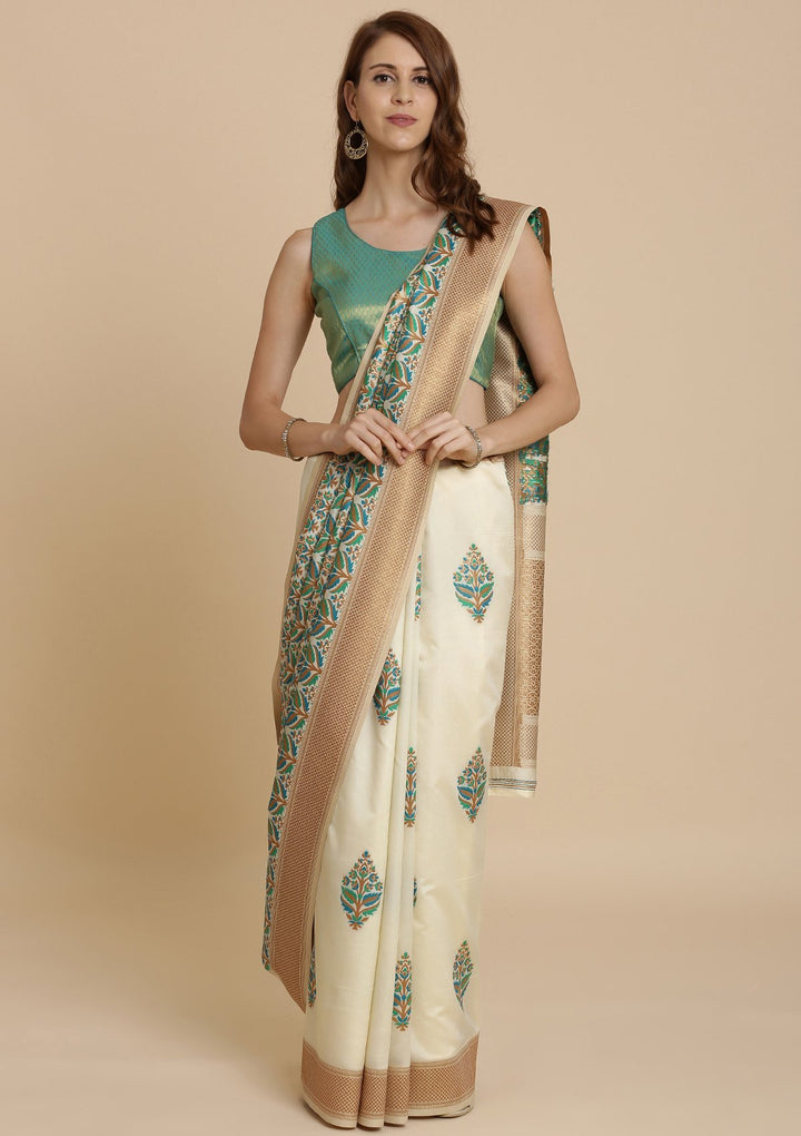 Green and Cream Thread Work Art Silk Designer Saree-Koskii