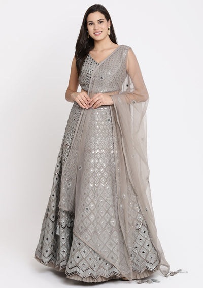 Grey Mirrorwork Tissue Designer Lehenga-Koskii