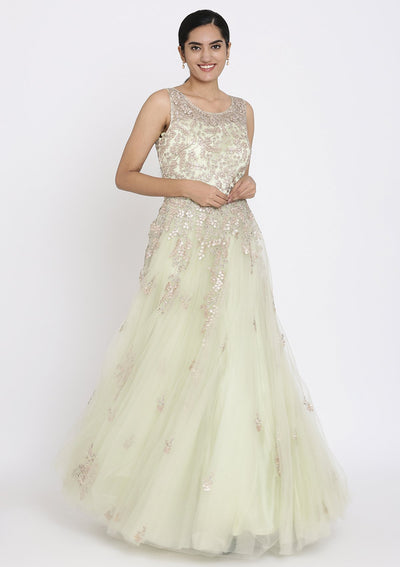 Pista Green Gotapatti Net Designer Gown - koskii