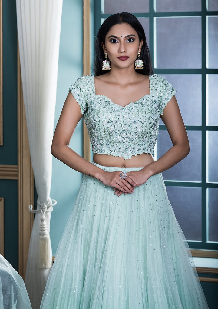 Sea Green Embellished Net Designer Lehenga-Koskii