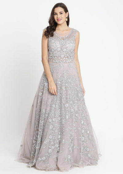 Grey Sequinned Net Designer Gown-Koskii
