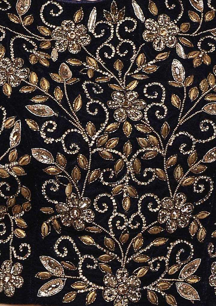 Beige Zardozi Work Velvet Designer Lehenga-Koskii