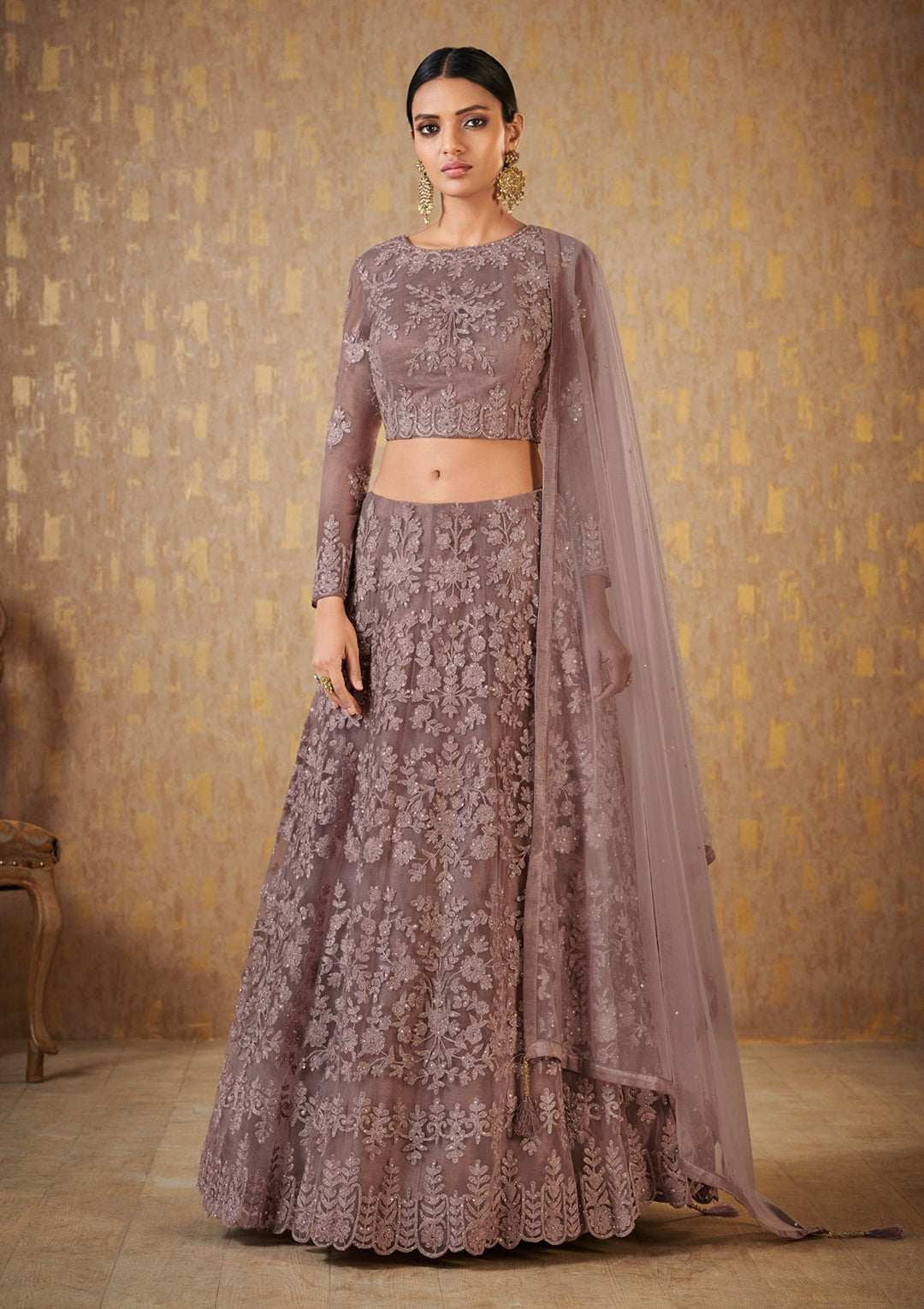 Dark Mauve Embroidered Net Designer Lehenga-Koskii