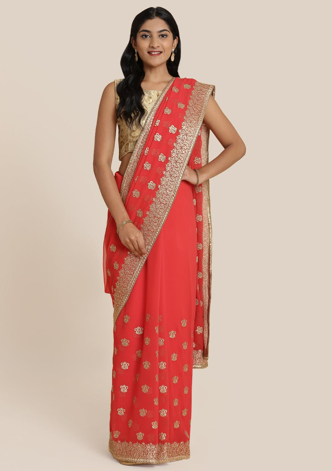 Red Zariwork Chiffon Designer Saree-Koskii