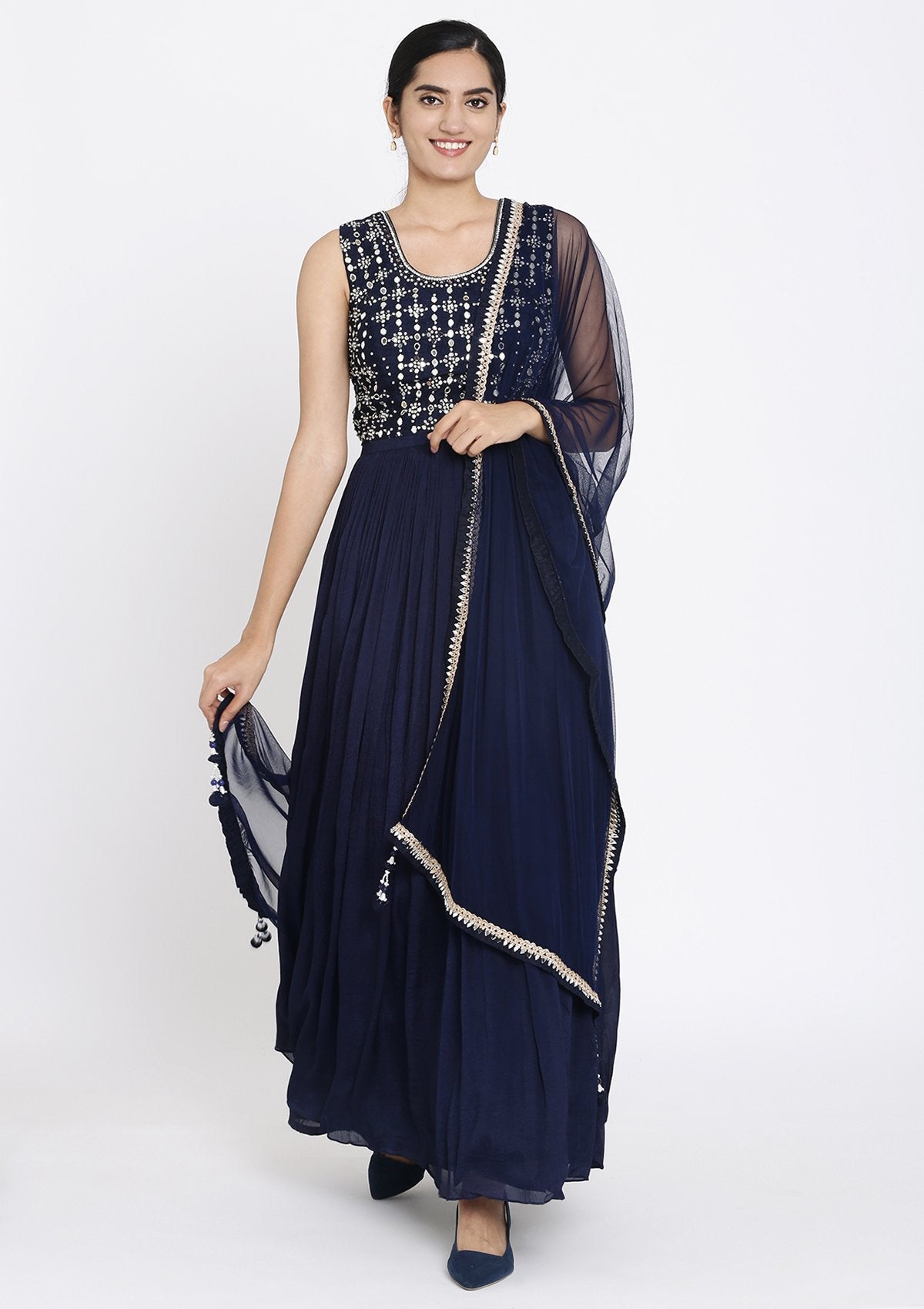 Navy Blue Mirrorwork Georgette Designer Gown - koskii