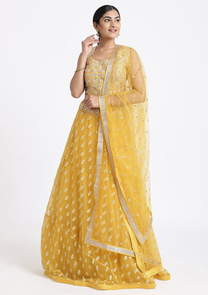 Yellow Gota Patti Net Designer Lehenga-Koskii