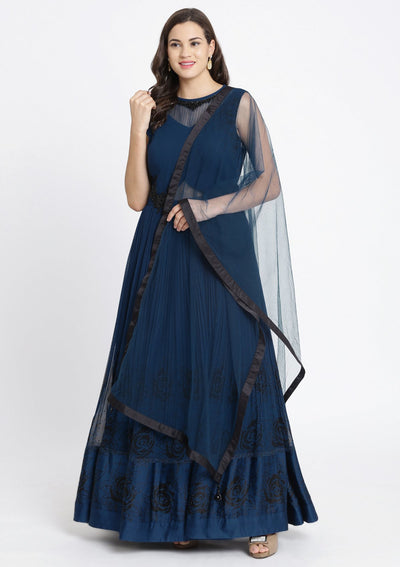 Peacock Blue Print Georgette Designer Gown-Koskii