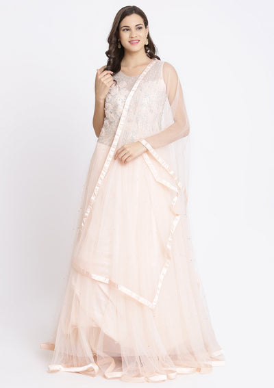 Peach Silver Stonework Net Designer Gown-Koskii