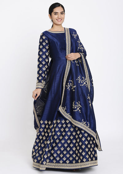 Navy Blue Zariwork Raw Silk Designer Gown - koskii