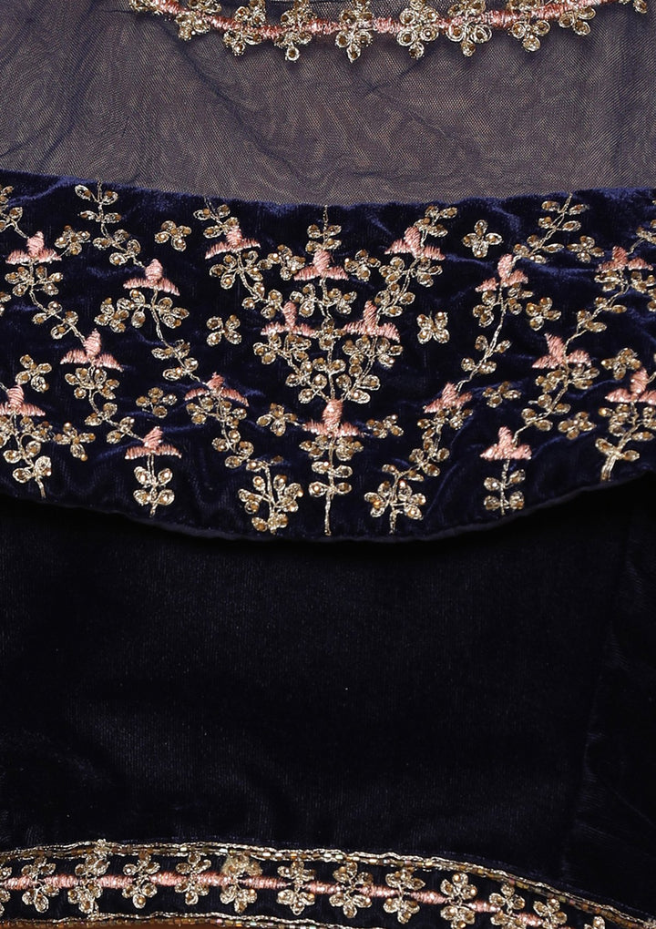 Pink Thread Work Velvet Designer Lehenga-Koskii
