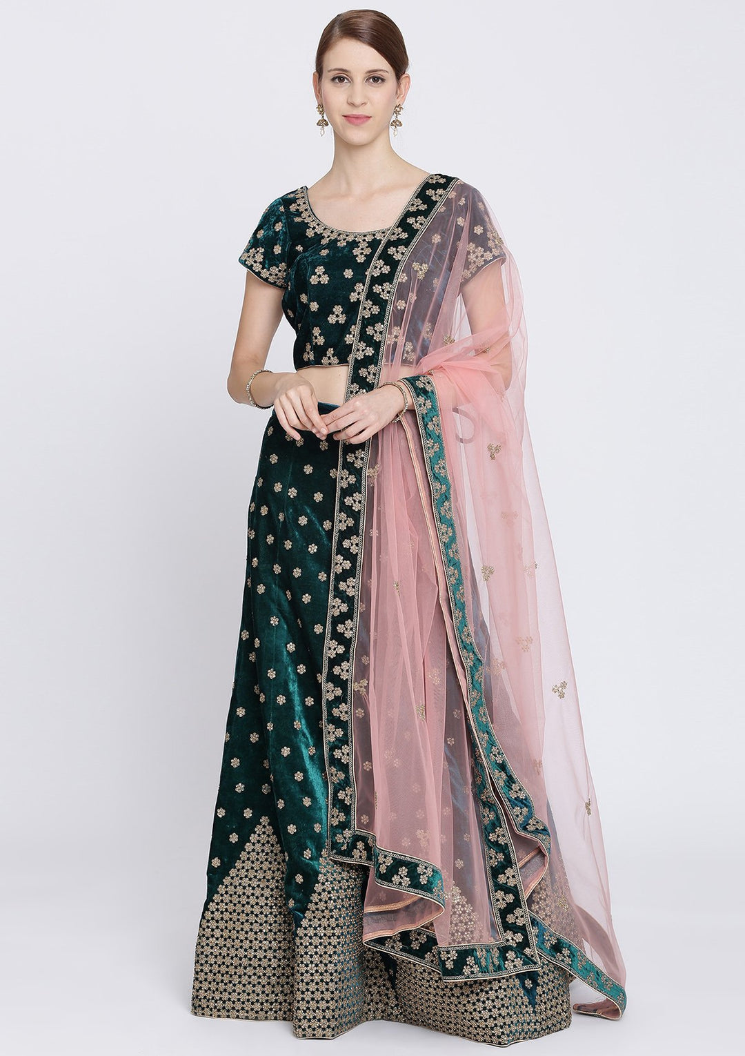 Pista Green Stonework Velvet Designer Lehenga-Koskii