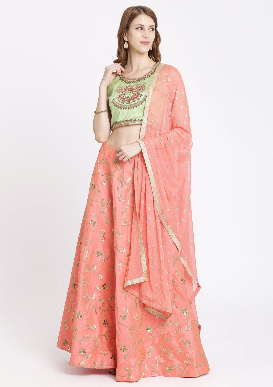 Baby Pink Mirrorwork Rawsilk Designer Lehenga-Koskii