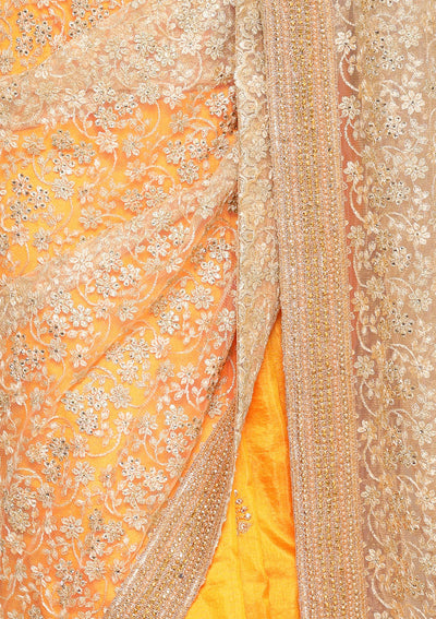 Yellow Raw Silk and Net Half and Half Saree-Koskii