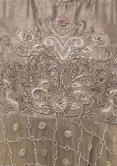 Grey Floral Embroidered Silk Designer Gown-Koskii