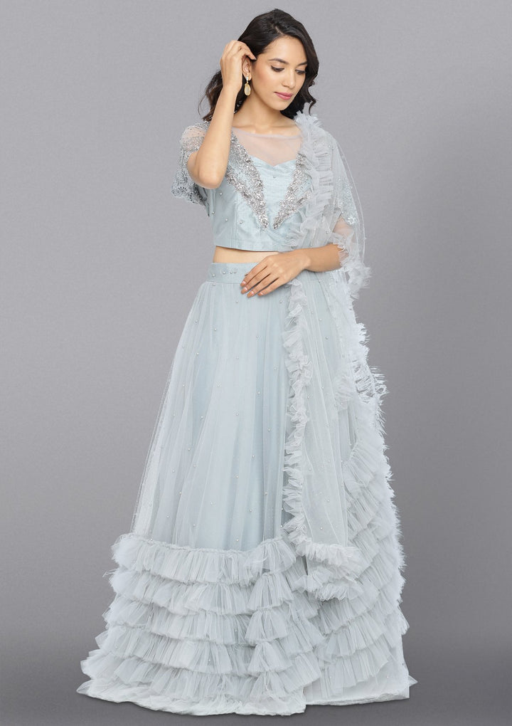 Light Grey Cutdana Net Designer Lehenga-Koskii